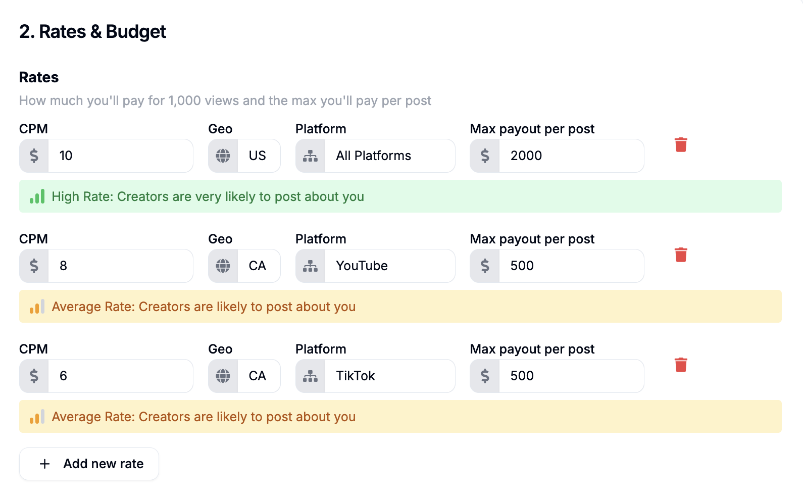 Adding a rate per geo and platform